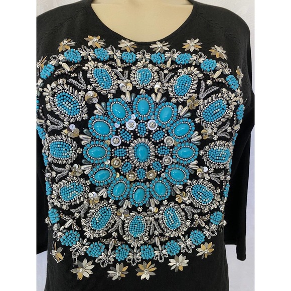 Michael Simon Top Blouse 3/4 Sleeve Round Neck Beaded Mandala Turquoise … - Picture 3 of 5